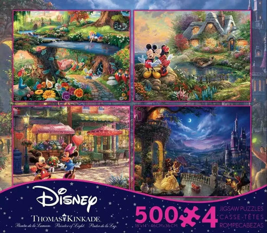 Ceaco Thomas Kinkade Disney Dreams Collection 4-in-1 Puzzles 500pc Alice in Wonderland, Mickey & Minnie Mouse and Beauty and the Beast - Eclipse Games Puzzles Novelties