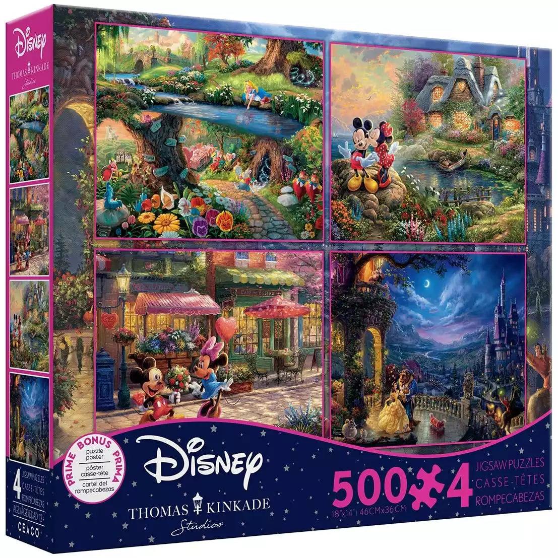 Ceaco Thomas Kinkade Disney Dreams Collection 4-in-1 Puzzles 500pc Alice in Wonderland, Mickey & Minnie Mouse and Beauty and the Beast - Eclipse Games Puzzles Novelties