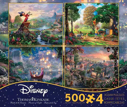 Thomas Kinkade Fantasia, Lady and The Tramp, Winnie The Pooh, Tangled, Disney Dreams Collection 4 In 1 Jigsaw Puzzle Set 500 Pieces - Eclipse Games Puzzles Novelties